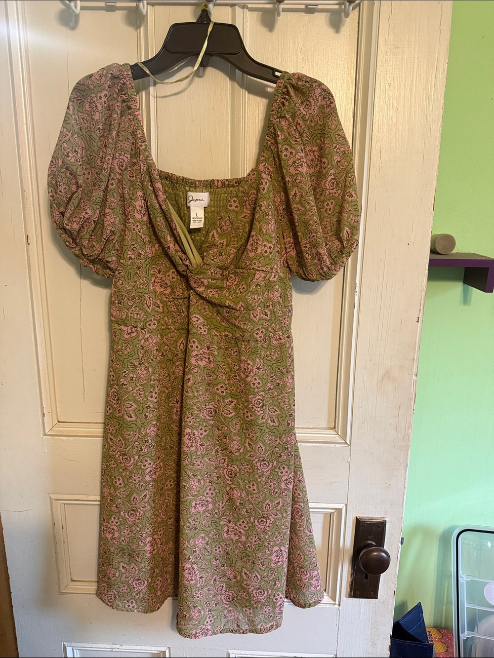 Japna Green and Pink Floral Midi Dress with Puff Sleeves
